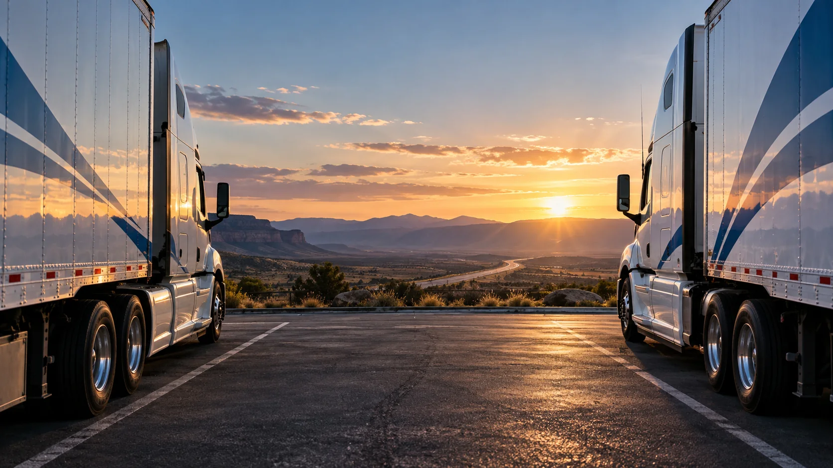 Two trucks framing an open road and sunrise